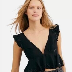 Free People Black Ruffled V-Neck Crop Top